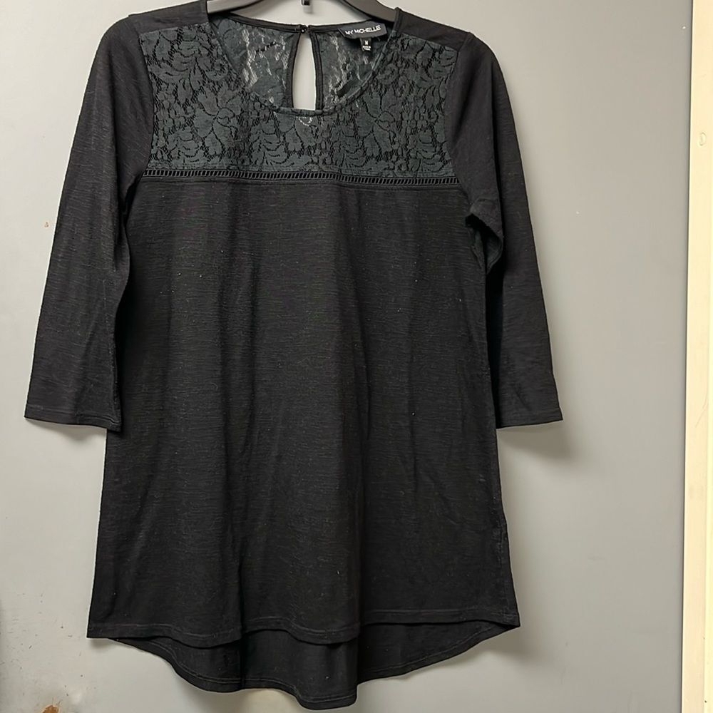 My Michelle Womens Long Sleeves Top Size M Lace Front and Back Top Black